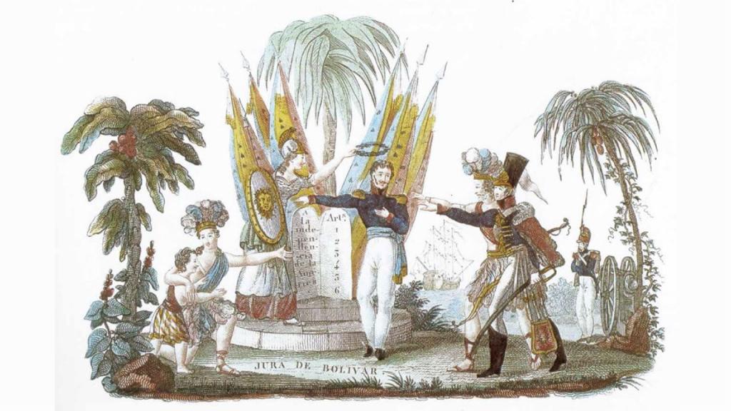Ilustración de Simón Bolívar y de soldados alusivos a la independencia. 