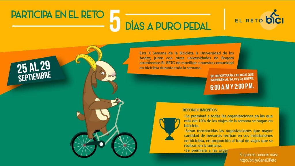 Graficación de una cabra, mascota de Los Andes, montada en bicicleta con la programción de la jornada del dia de la bicicleta.