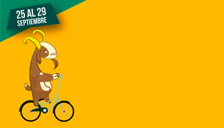 Graficacíon de una cabra, mascota de Los Andes, montada en bicicleta con la programción de la jornada del dia de la bicicleta.