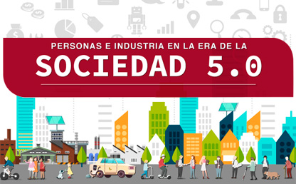 Ilustración edificios y ciudadanos con el título: ‘Personas e industria en la era de la Sociedad 5.0’