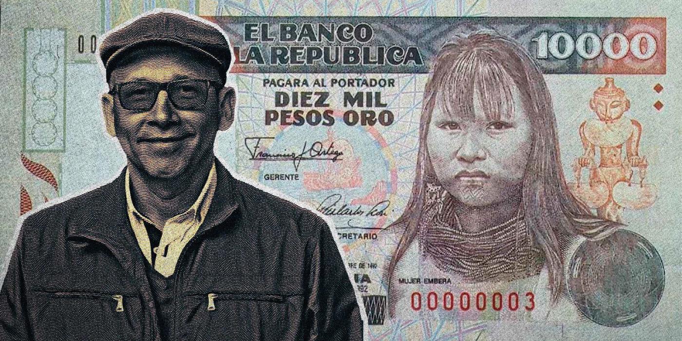 Composición gráfica de un billete de 10.000 pesos colombiano.