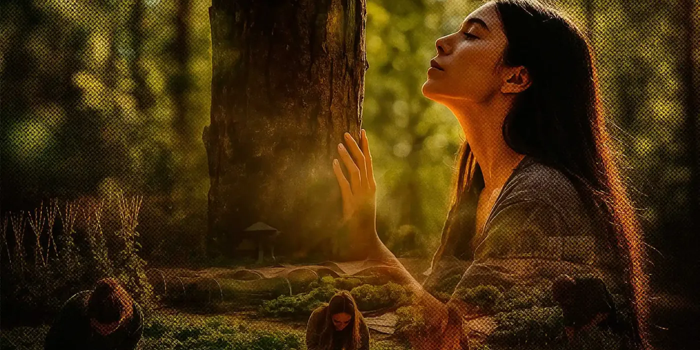 Mujer meditando en el bosque