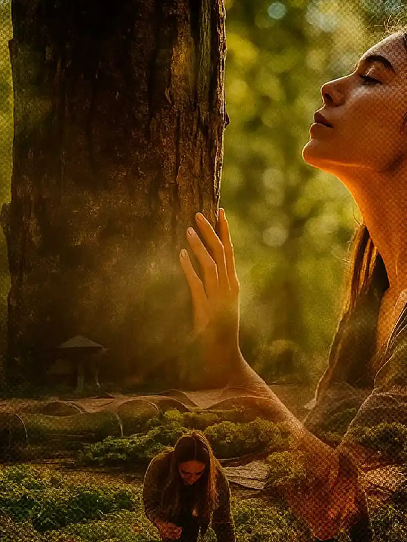 Mujer meditando en el bosque